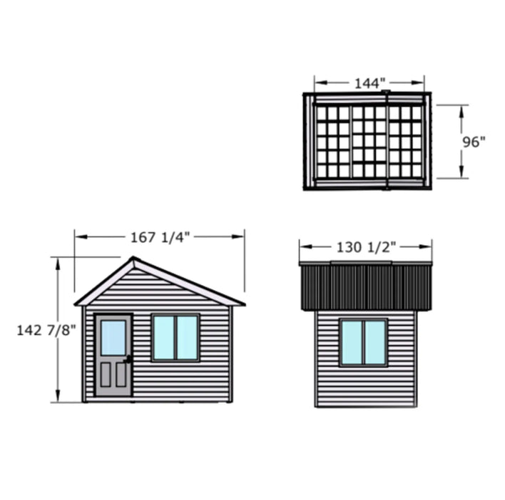 Diagram showing overall dimensions and layout of the Outdoor Living Today Saltbox Studio Shed 12x8