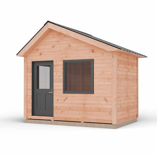 Front angled view of Saltbox Studio Shed 12x8 highlighting cedar siding and modern roofline