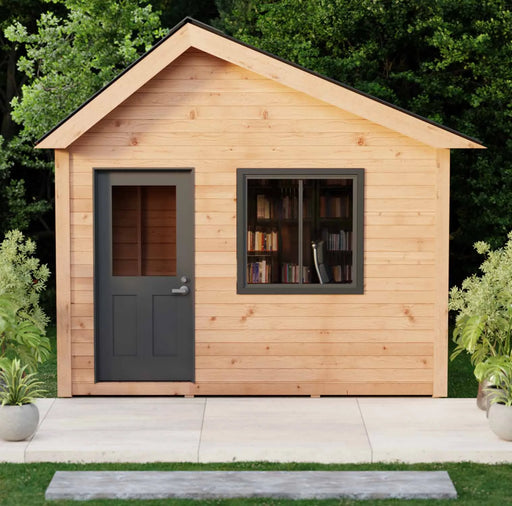 Front view of Saltbox Studio Shed 12x8 with cedar siding, black door, and window
