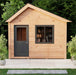 Front view of Saltbox Studio Shed 12x8 with cedar siding, black door, and window