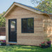Front exterior of Saltbox Studio Shed 12x8 with Western Red Cedar siding, black door, and metal roof