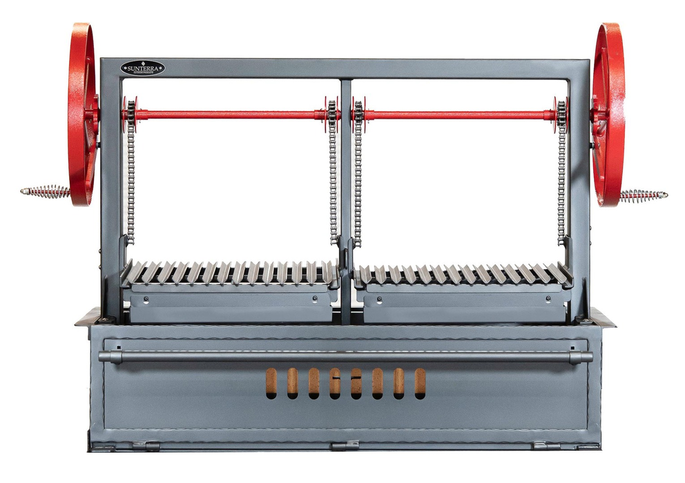 Sunterra Santa Maria BBQ Grill (SM48-2G) featuring dual red flywheels, two adjustable grates, and drop-in firebox with air vents
