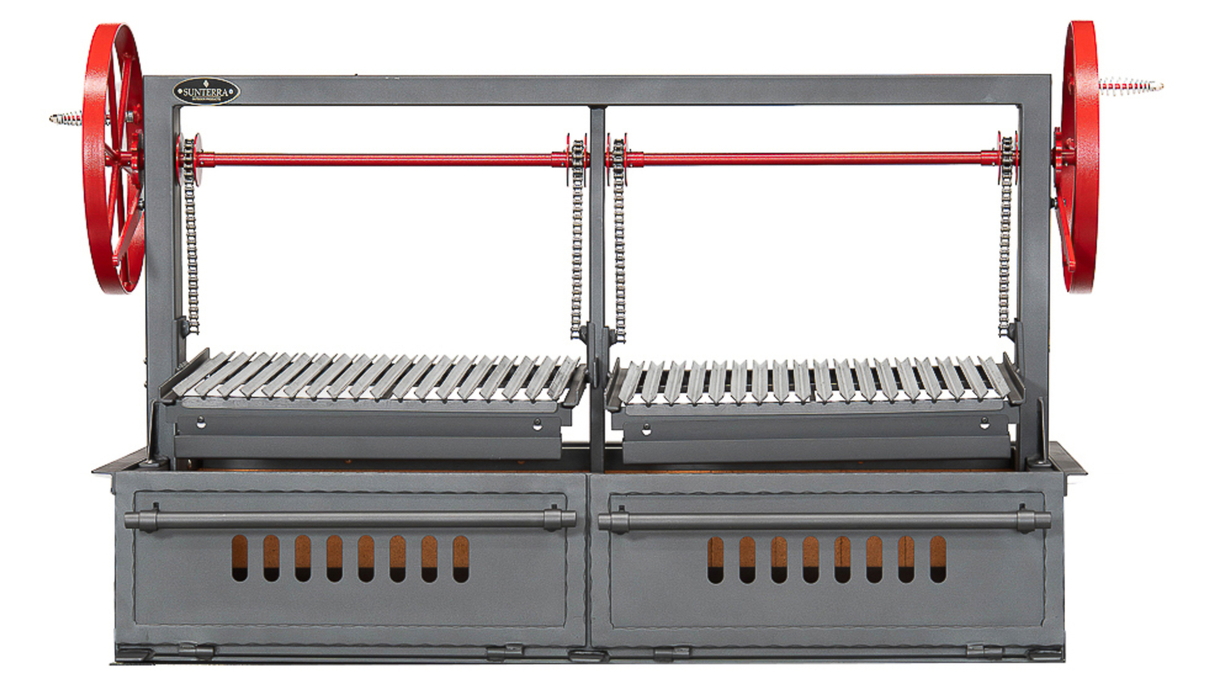 Sunterra Outdoor Santa Maria BBQ Grill (SM60-2G) with dual red crank wheels, two adjustable grates, and twin vented drop-in fireboxes
