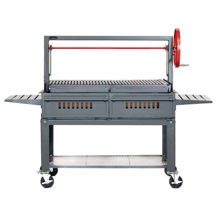 Sunterra Santa Maria BBQ Grill with cart, single copper crank wheel, adjustable grate, folding side shelves, and locking casters 