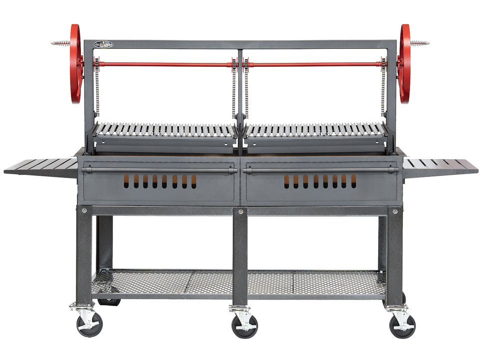 Sunterra Outdoor Santa Maria 72 in BBQ Grill on rolling cart with dual red crank wheels, adjustable grates, and side prep shelves (SM72-2GC)
