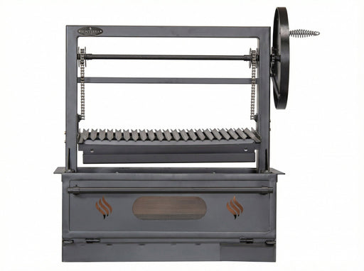 Sunterra Pro Series 36-inch built-in Santa Maria grill with single grate, shown from the front on a stainless steel island.