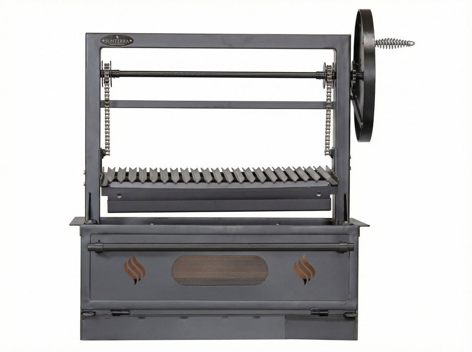 Sunterra Pro Series 36-inch built-in Santa Maria grill with single grate, shown from the front on a stainless steel island.