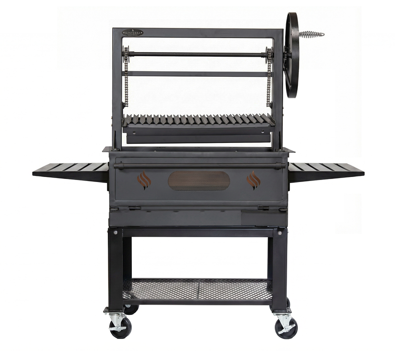 Sunterra Pro Series 36-inch Santa Maria grill cart detail showing the single cooking grate and sturdy base construction.