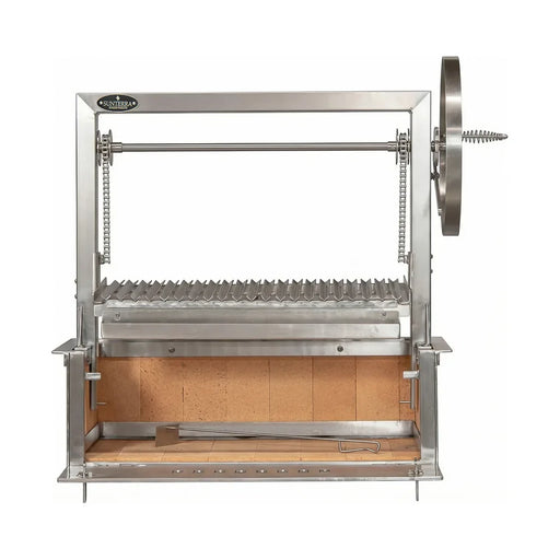 Sunterra Outdoor 36-inch single stainless steel Santa Maria grill shown at an angle, highlighting its sturdy build.