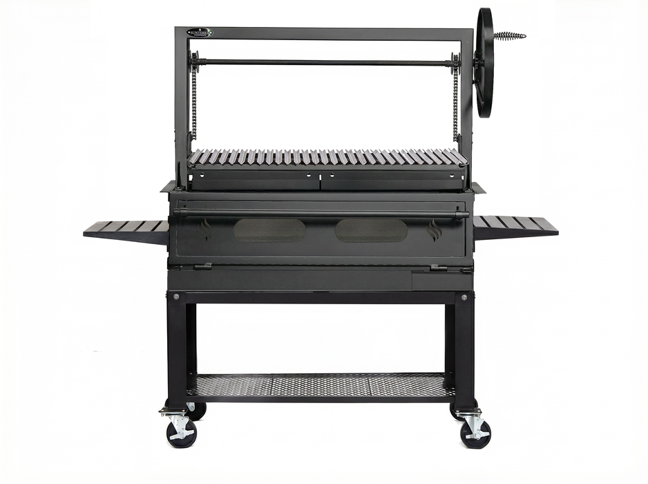 Sunterra Pro Series 48-inch Santa Maria grill with single grate, showing cart detail and sturdy frame construction.