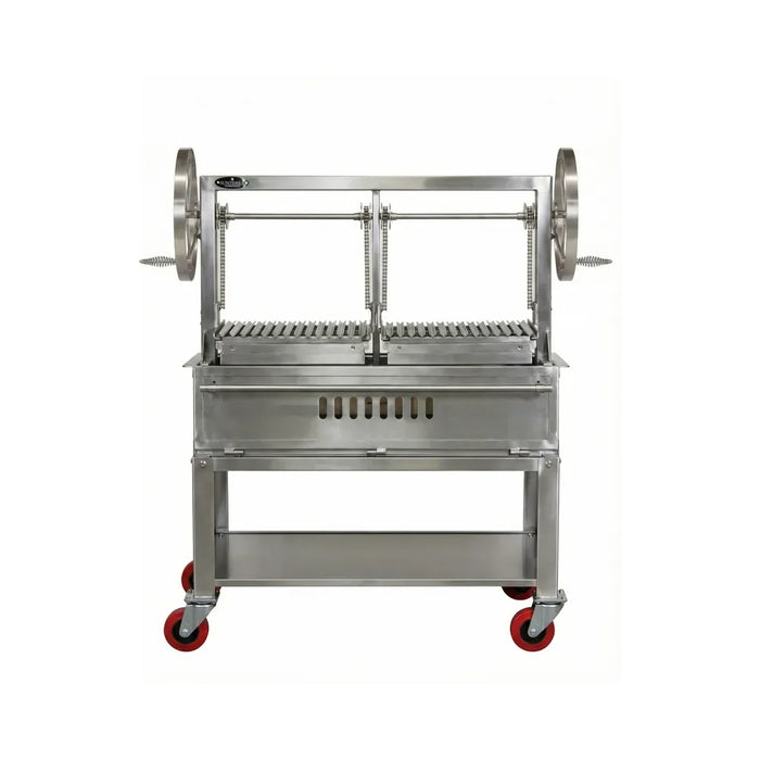 Sunterra 48-inch Santa Maria grill in stainless steel, shown on its split cart design from a different angle.
