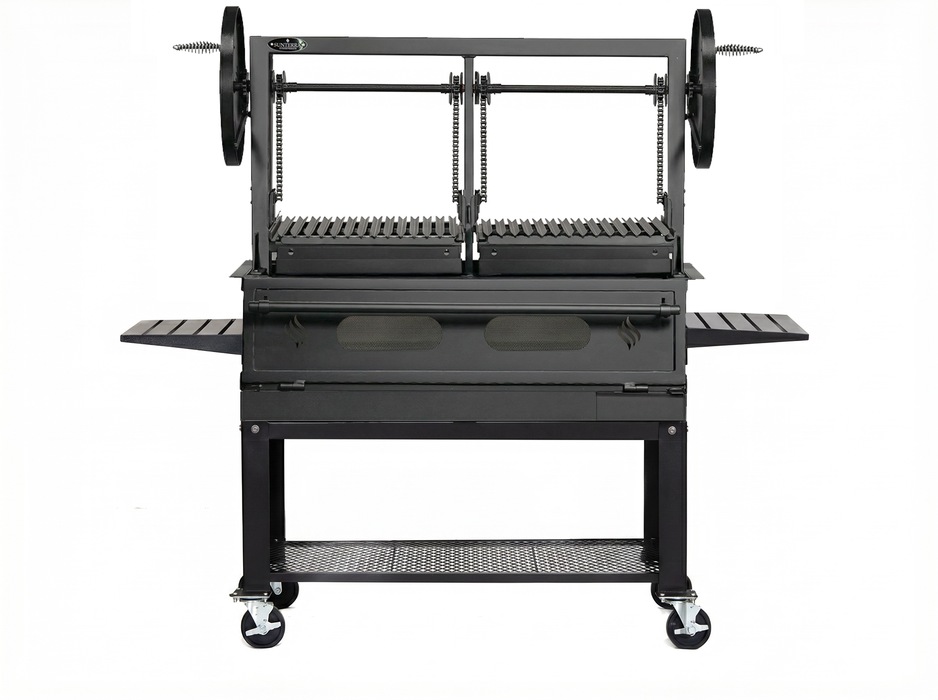 Sunterra Pro Series 48 inch Santa Maria grill showing split grate design and sturdy cart detail on the outdoor base.