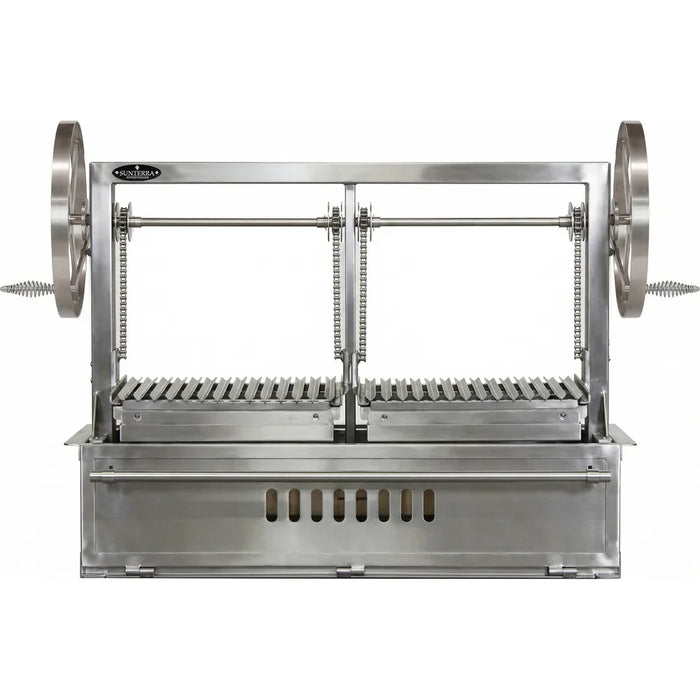 Sunterra 48-inch split stainless steel Santa Maria grill built into an outdoor kitchen island.