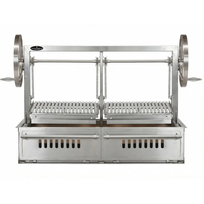 Sunterra 60 inch split stainless steel built-in Santa Maria grill showcasing its outdoor cooking design and construction.