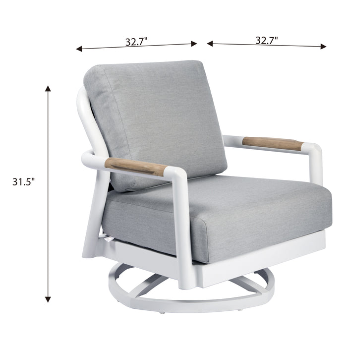 A white Elementi Santorini Collection swivel armchair with light gray cushions, showing dimensions of 32.7" width, 32.7" depth, and 31.5" height.