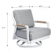 A white Elementi Santorini Collection swivel armchair with light gray cushions, showing dimensions of 32.7" width, 32.7" depth, and 31.5" height.