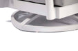 A close-up of the white circular swivel base of an Elementi Santorini Collection outdoor furniture piece on a white background.