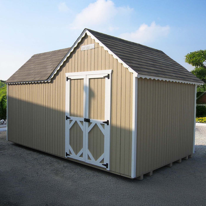 Tan backyard storage shed by Little Cottage Co., barn-style double doors with white trim and scalloped roofline, companion structure to playhouse