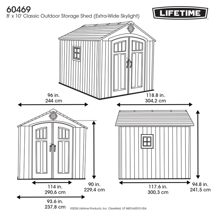 Schematic drawing of the Lifetime 8x10 Shed, displaying dimensions and design features with an extra-wide skylight.