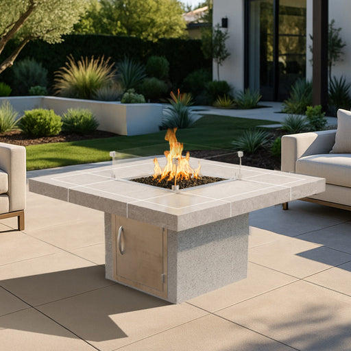 Cal Flame Sedona 48-inch fire pit shown in a modern outdoor patio with flame running.
