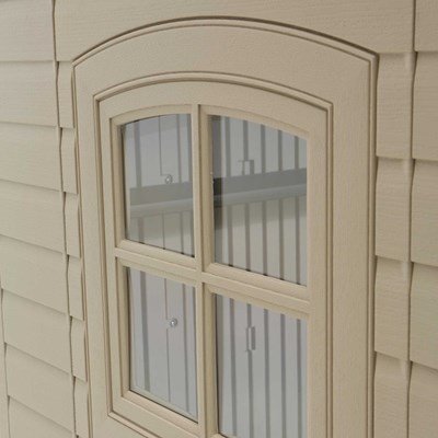 Close-up of the Lifetime storage shed's shatter-proof polycarbonate window.