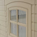 Close-up of the Lifetime storage shed's shatter-proof polycarbonate window.