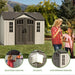 Lifetime storage shed feature callouts: adjustable shelving, skylights, and shatterproof windows.