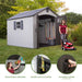 Lifetime 8x10 ft. storage shed feature callouts: adjustable shelving, slider latch locking, and lockable doors.