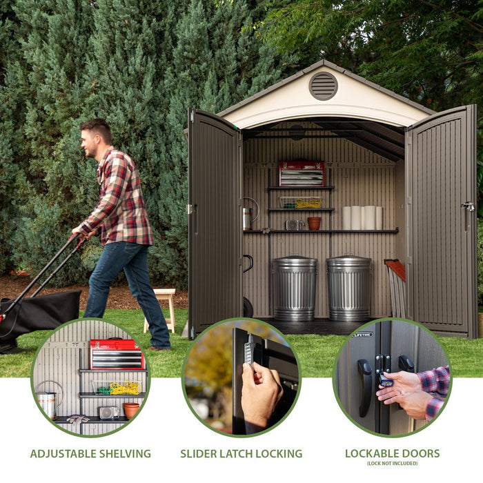 Lifetime 8x12.5 ft. storage shed feature callouts: adjustable shelving, slider latch locking, and lockable doors.