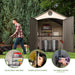 Lifetime 8x12.5 ft. storage shed feature callouts: adjustable shelving, slider latch locking, and lockable doors.
