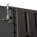 Close-up of a spring-loaded steel latch bolt mechanism mounted on the dark gray interior door panel of the Lifetime Farmhouse Storage Shed 60542