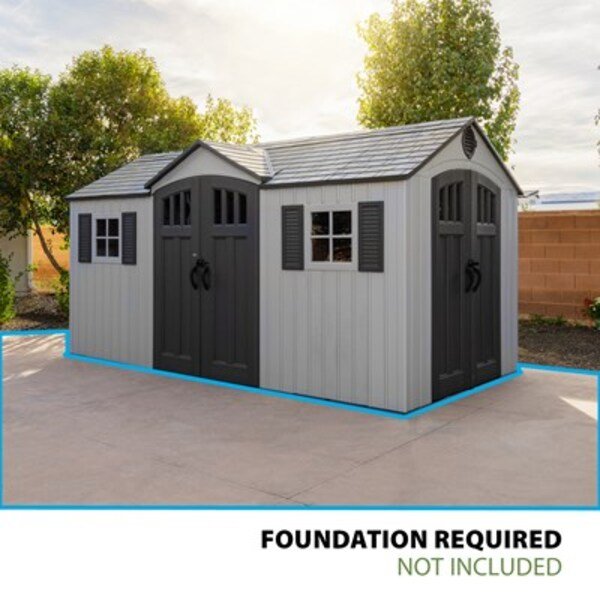 Lifetime 15x8 ft. dual entry storage shed studio shot noting foundation required, not included.