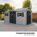 Lifetime 15x8 ft. dual entry storage shed studio shot noting foundation required, not included.