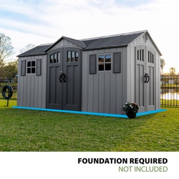 Lifetime 15x8 ft. dual entry storage shed studio shot noting foundation required, not included.