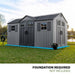 Lifetime 15x8 ft. dual entry storage shed studio shot noting foundation required, not included.