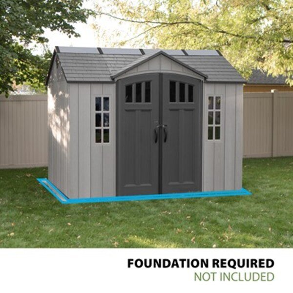 Lifetime 10x8 ft. side entry storage shed studio shot noting foundation required, not included.