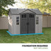 Lifetime 10x8 ft. side entry storage shed studio shot noting foundation required, not included.