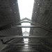 Interior view of the Lifetime storage shed's roof truss and ridge skylight structure.