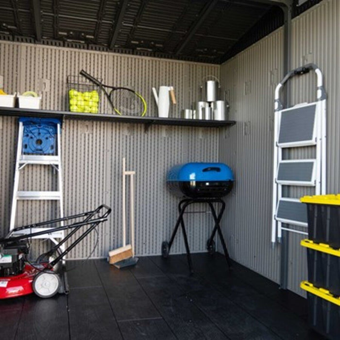 Interior view of the Lifetime Modern Shed with shelving, a ladder, mower, and grill stored inside.