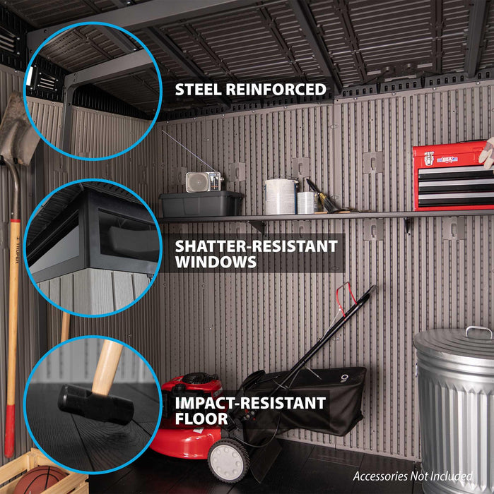 Inside the Lifetime Farmhouse Shed 60542 — steel-reinforced ceiling, shatter-resistant skylight windows, impact-resistant floor with tools and lawn equipment