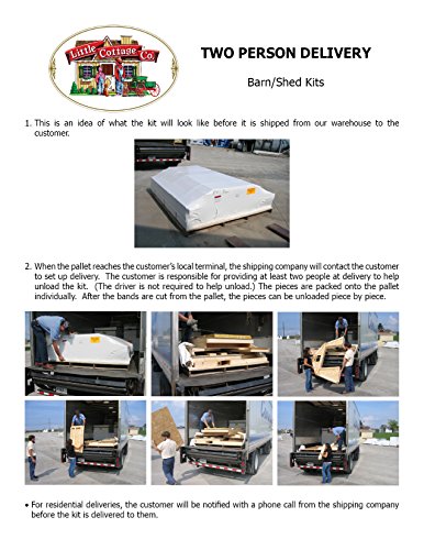 Image sequence showing the packaging and delivery process for the Little Cottage Company Gable Value Shed kit.