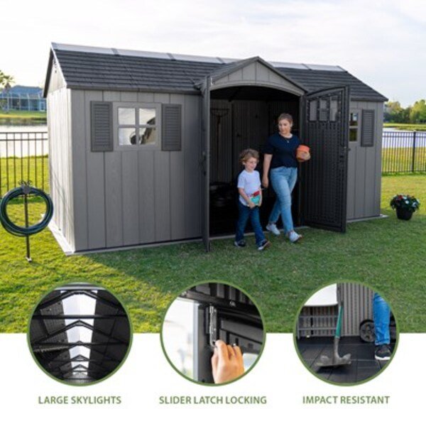 Lifetime dual entry storage shed feature callouts: large skylights, slider latch locking, and impact resistant floor.