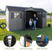 Lifetime dual entry storage shed feature callouts: large skylights, slider latch locking, and impact resistant floor.