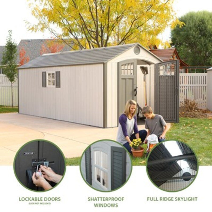 Lifetime 8x20 ft. storage shed feature callouts: lockable doors, shatterproof windows, and full ridge skylight.