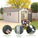 Lifetime 8x20 ft. storage shed feature callouts: lockable doors, shatterproof windows, and full ridge skylight.