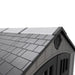 Close-up of the Lifetime storage shed's high-pitched roof shingles, gable vent, and rounded corner detail.
