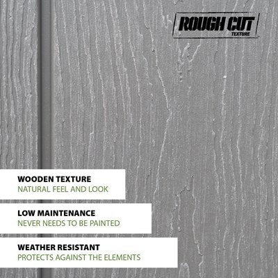 Lifetime storage shed Rough Cut texture callouts: wooden texture, low maintenance, and weather resistant.