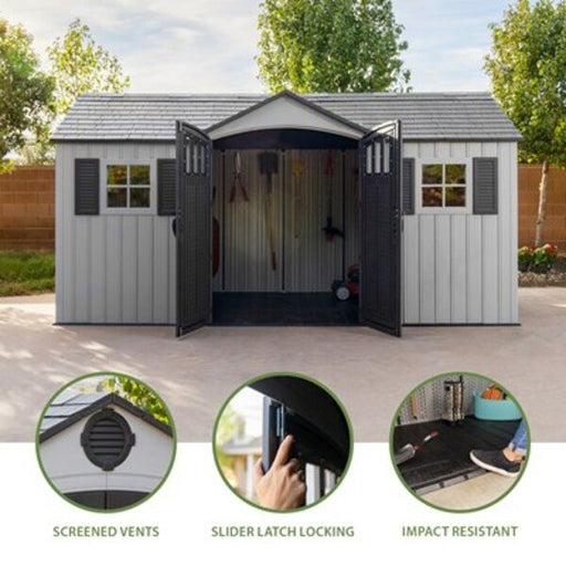 Lifetime dual entry storage shed feature callouts: screened vents, slider latch locking, and impact resistant floor.