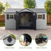 Lifetime dual entry storage shed feature callouts: screened vents, slider latch locking, and impact resistant floor.