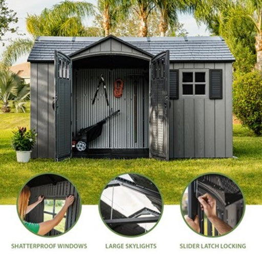 Lifetime side entry storage shed feature callouts: shatterproof windows, large skylights, and slider latch locking.